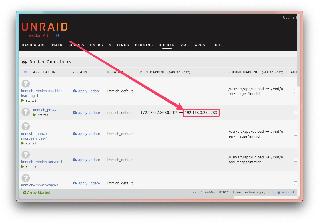 Go to Docker Tab and visit the address listed next to gallery-web